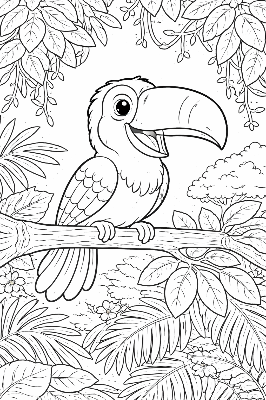 A friendly toucan perched on a branch in a lush tropical jungle setting, surrounded by leafy foliage, ideal for children's coloring activities.