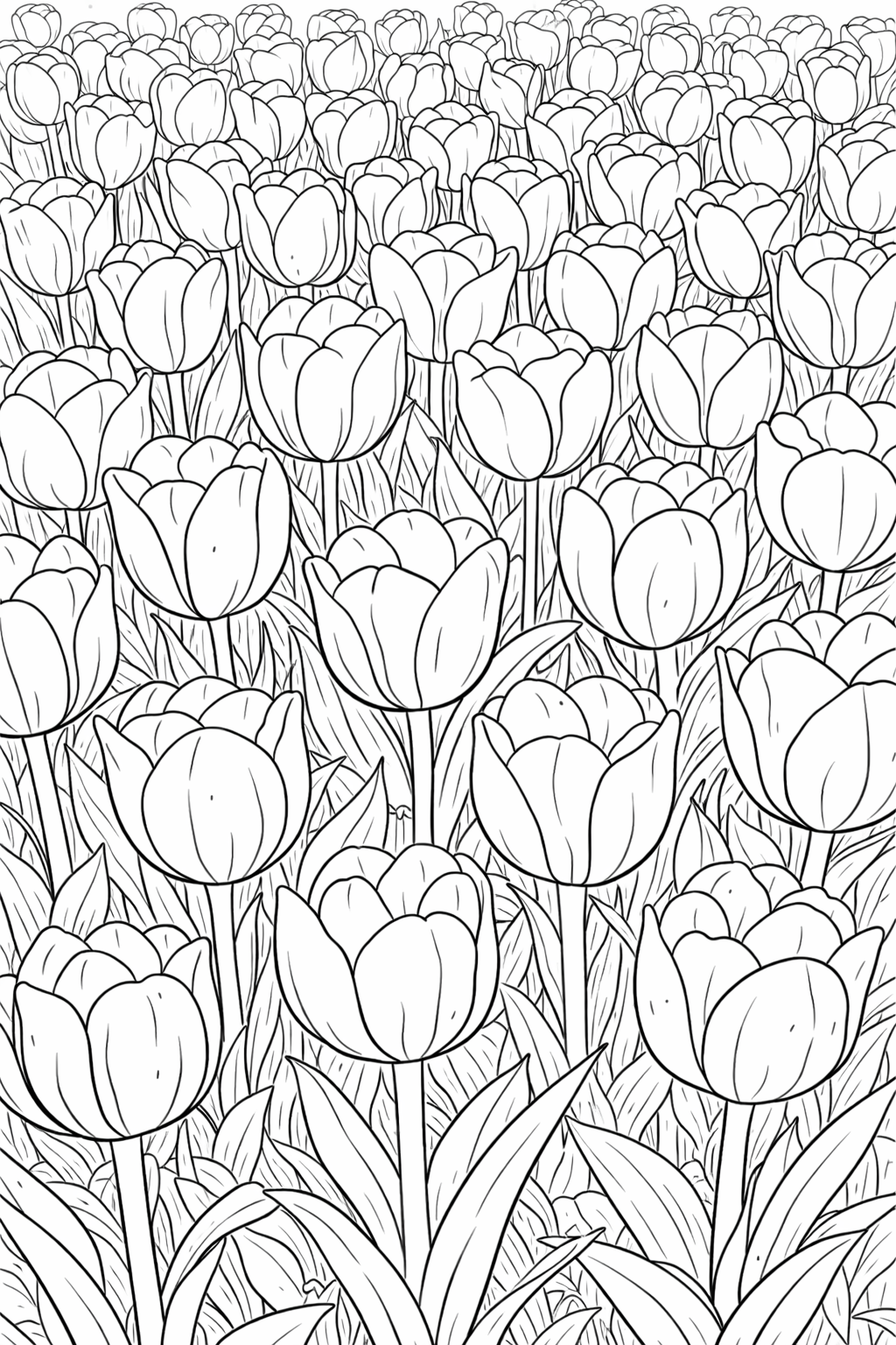 A children's coloring page showing a wide field of tulips, ideal for coloring in various bright hues. This page encourages creativity and exploration of colors in a natural setting.