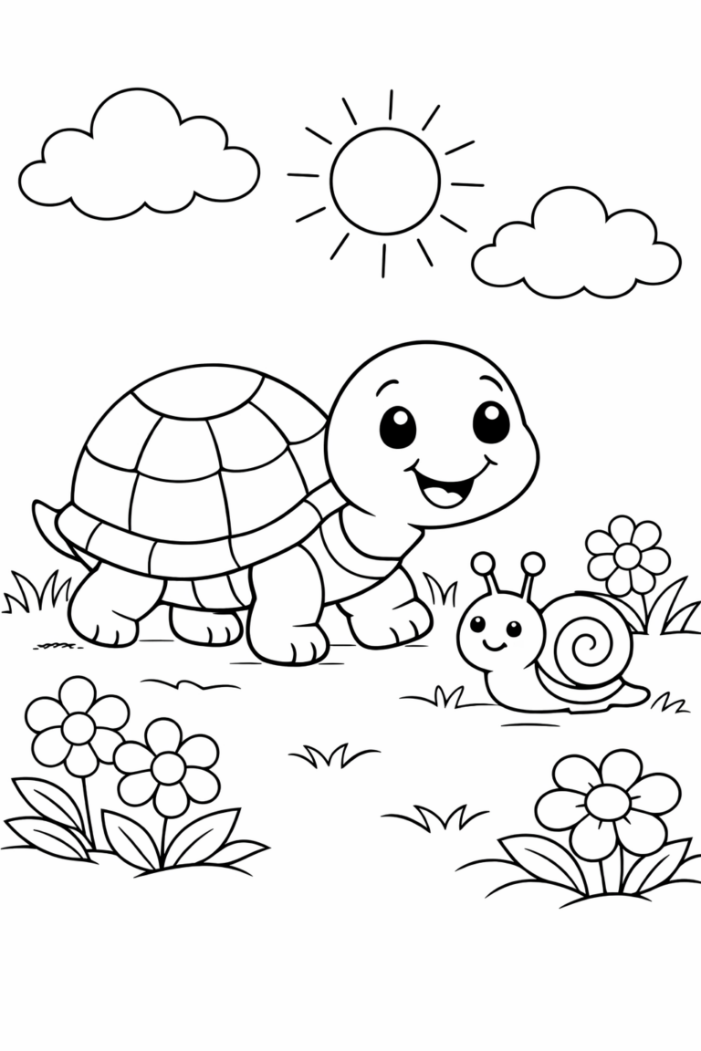 A charming coloring page with a happy turtle and a cute snail in a flower-filled meadow. The scene includes clouds and a shining sun, inviting children to fill it with vibrant colors. Perfect for sparking creativity and enjoyment.