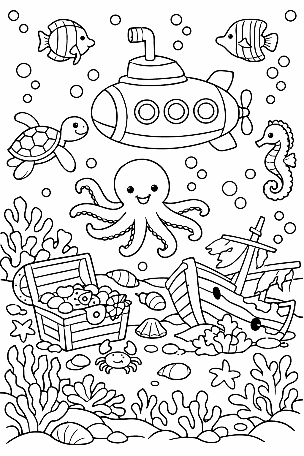 Children's coloring page depicting an underwater scene with an octopus, turtle, fish, submarine, treasure chest, and coral offering a creative and imaginative coloring experience.