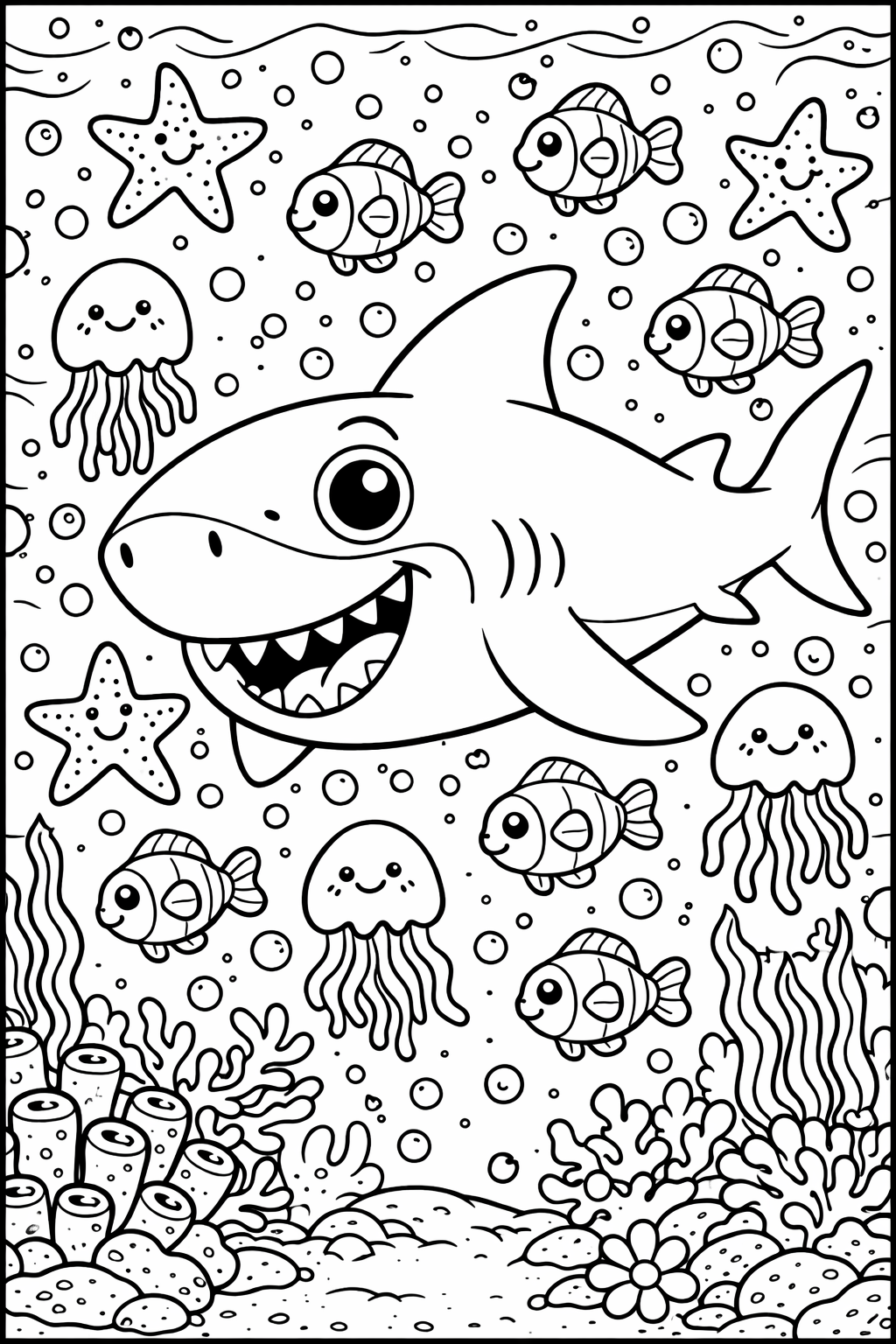 Children's coloring page of a smiling shark with friendly fish, starfish, and jellyfish in an underwater scene, featuring detailed seaweed and bubbles.