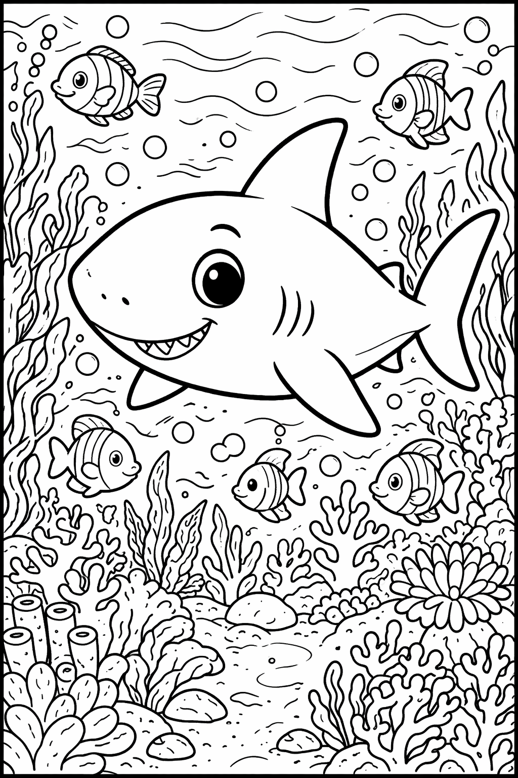 A friendly shark swims in a vibrant underwater scene with colorful fish and coral, creating a delightful ocean adventure for children to color.
