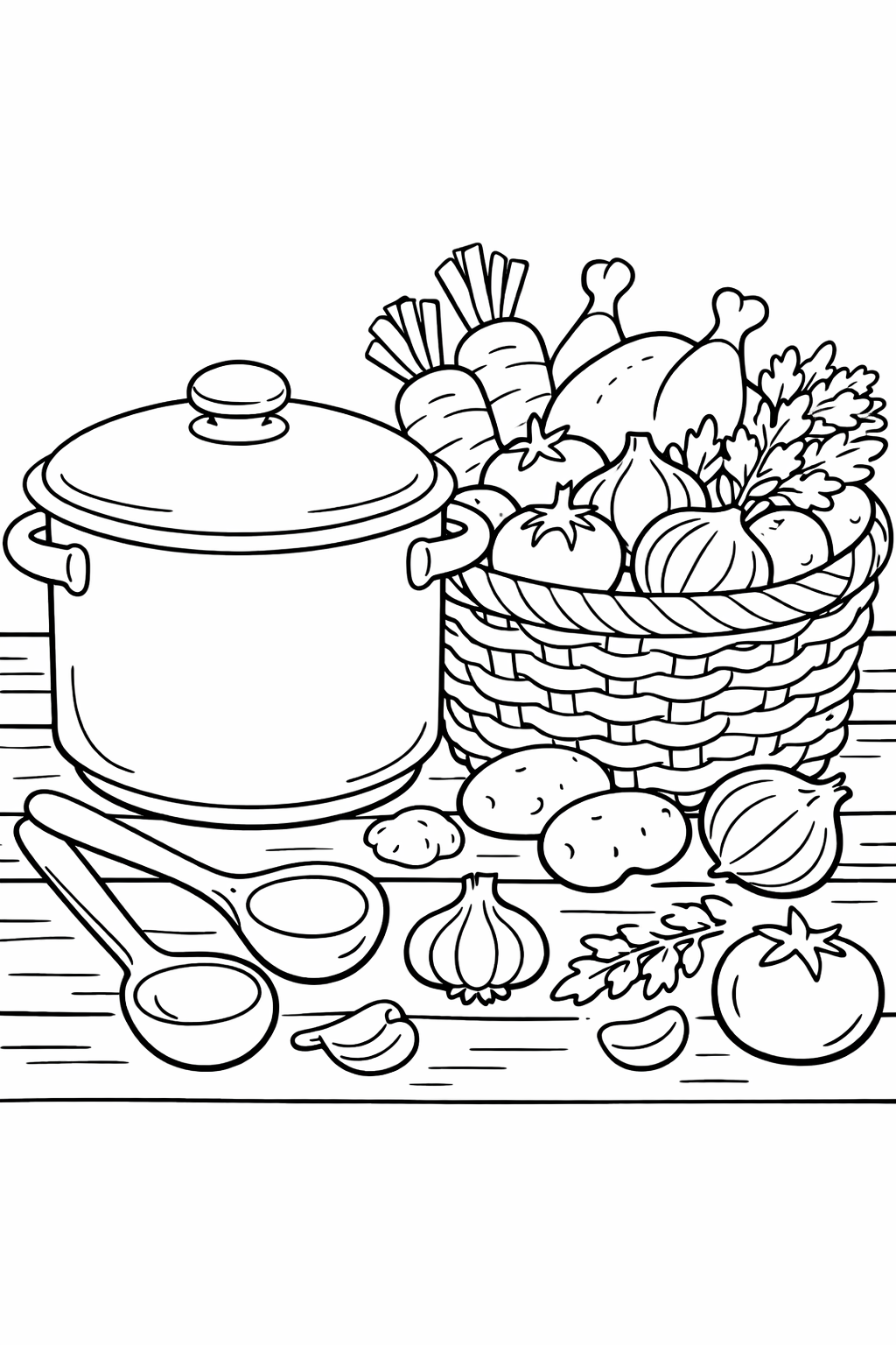 Children's coloring page featuring a large basket of vegetables, a cooking pot, and measuring spoons ready for cooking fun.