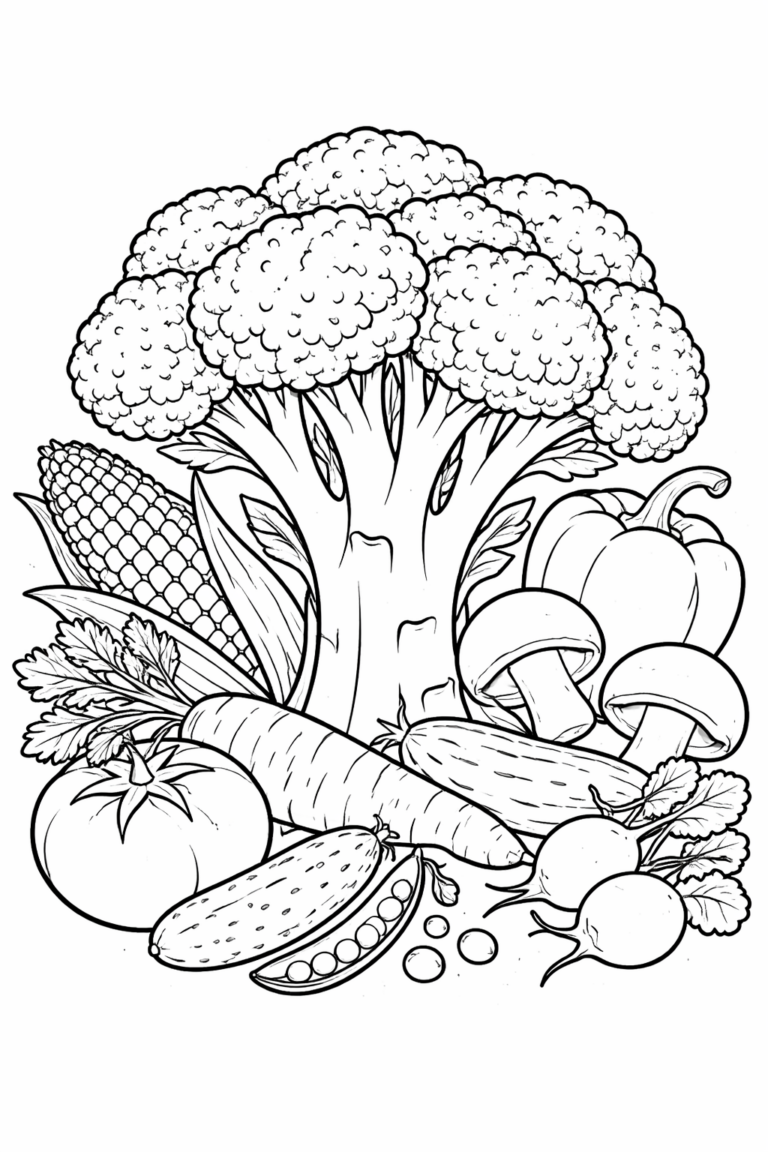 A charming coloring page showcasing an assortment of vegetables including broccoli, carrots, mushrooms, and tomatoes, designed to engage children in a fun coloring activity while promoting awareness of healthy foods.