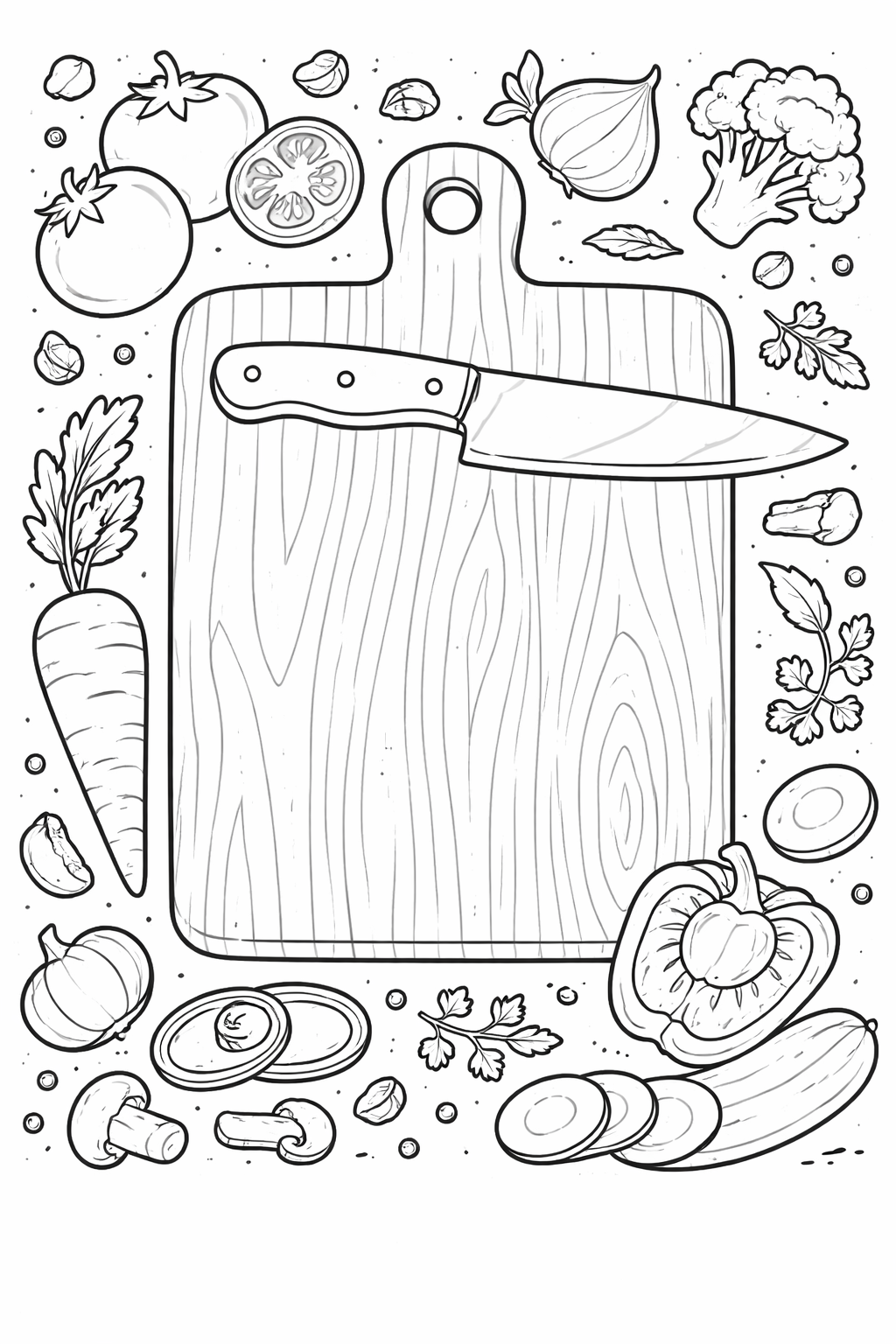 A coloring page showing a wooden cutting board with a knife surrounded by tomatoes, carrots, mushrooms, broccoli, and other vegetables. Children can color each vegetable to learn about them while enjoying a creative activity.