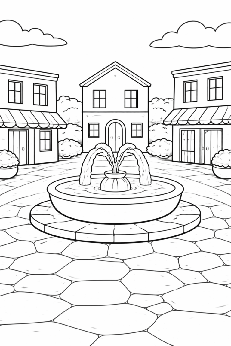 A quaint village square with a central fountain and surrounding buildings, ideal for a children's coloring page. Trees and clouds add to the serene atmosphere, inviting young artists to use vibrant colors.