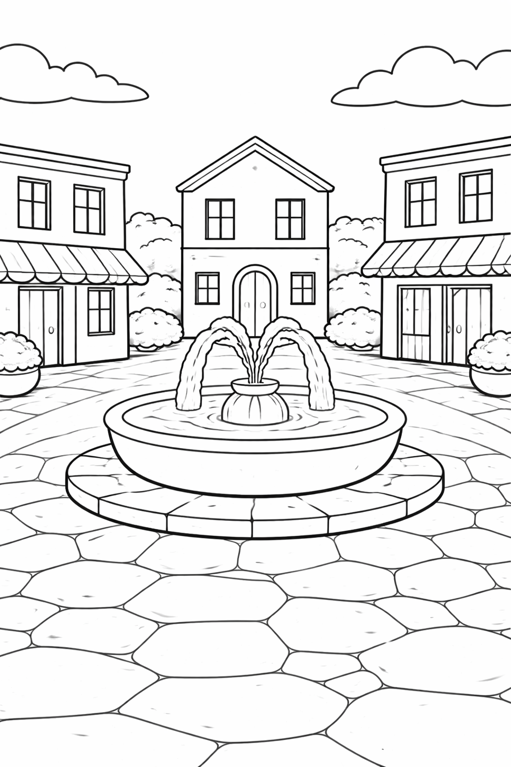 A quaint village square with a central fountain and surrounding buildings, ideal for a children's coloring page. Trees and clouds add to the serene atmosphere, inviting young artists to use vibrant colors.