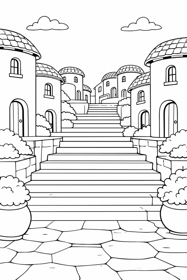 A charming village landscape with unique round-roofed houses, stone stairs, bushes, and cobblestone pathways, providing a delightful scene for children to bring to life with colors.