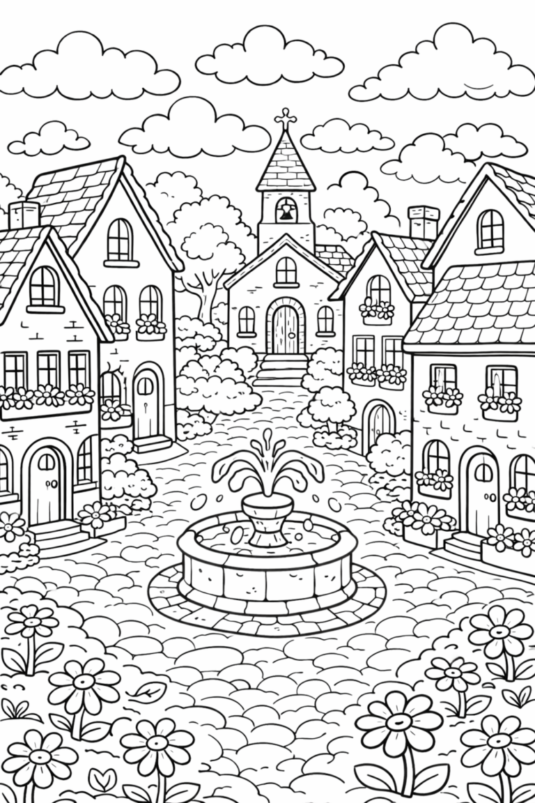 Children's coloring page depicting a quaint village scene with charming houses, a central fountain, and blooming flowers providing a delightful coloring experience.