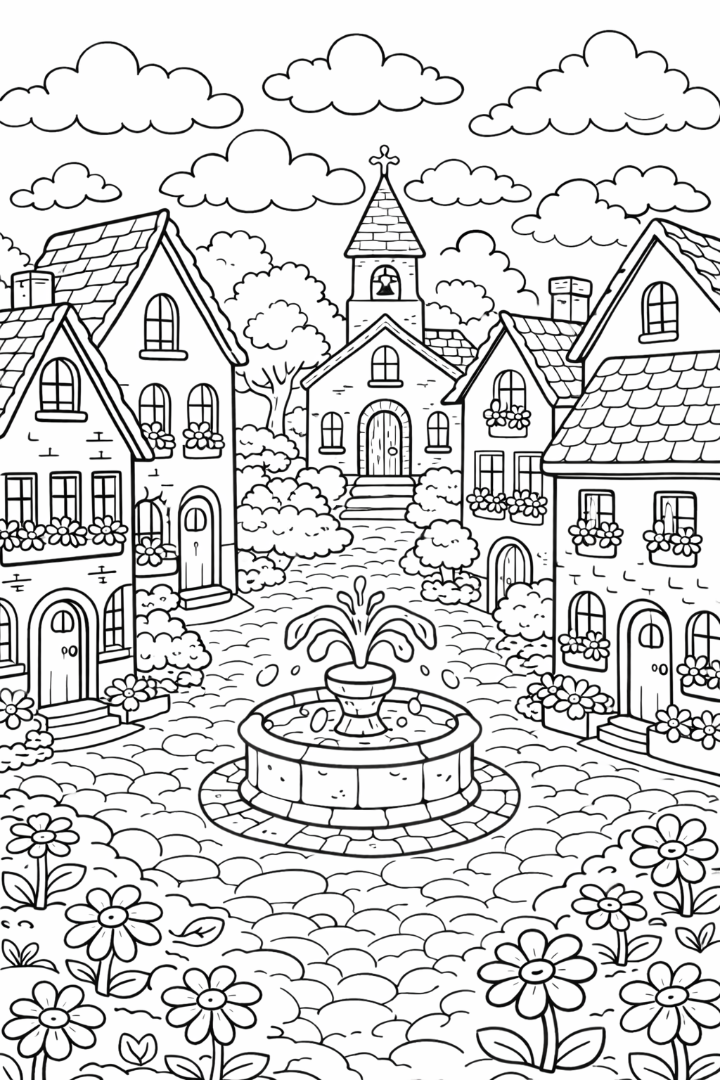 Children's coloring page depicting a quaint village scene with charming houses, a central fountain, and blooming flowers providing a delightful coloring experience.