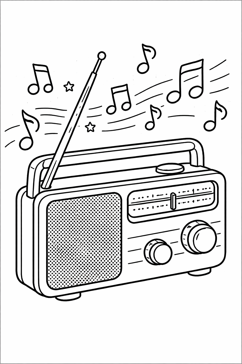Coloring page showing a vintage radio with musical notes. Children can color the radio while imagining the music it plays. This page encourages creativity as kids explore different colors and add life to this classic device.