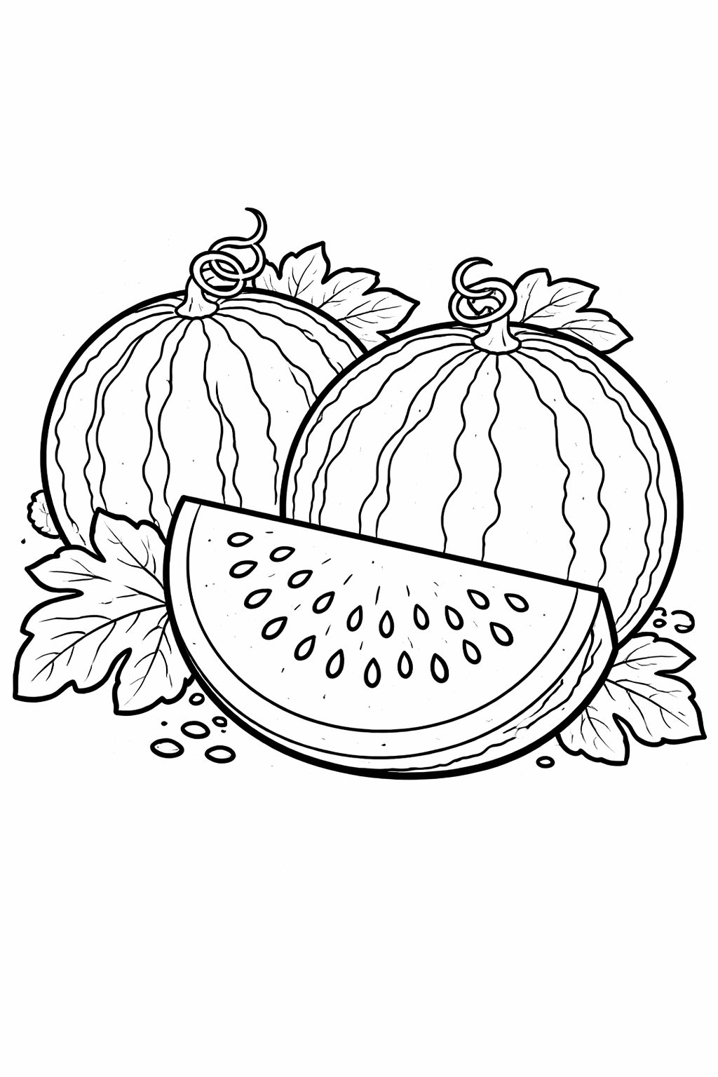 A children's coloring page showing a slice of watermelon and two whole watermelons with detailed leaves. The design is simple and inviting, ideal for kids to practice their coloring skills and learn about fruits.