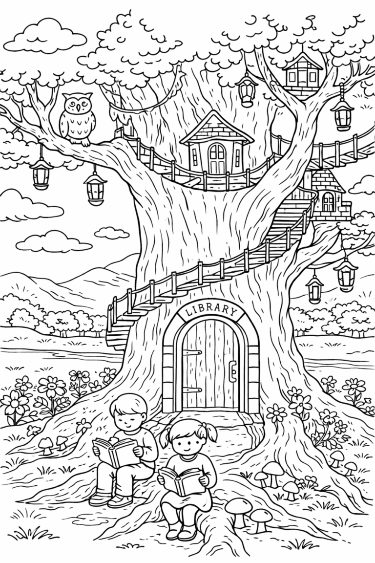 A whimsical treehouse with a library door, winding staircases, children reading underneath, and an owl perched above in a serene landscape with flowers and lanterns.