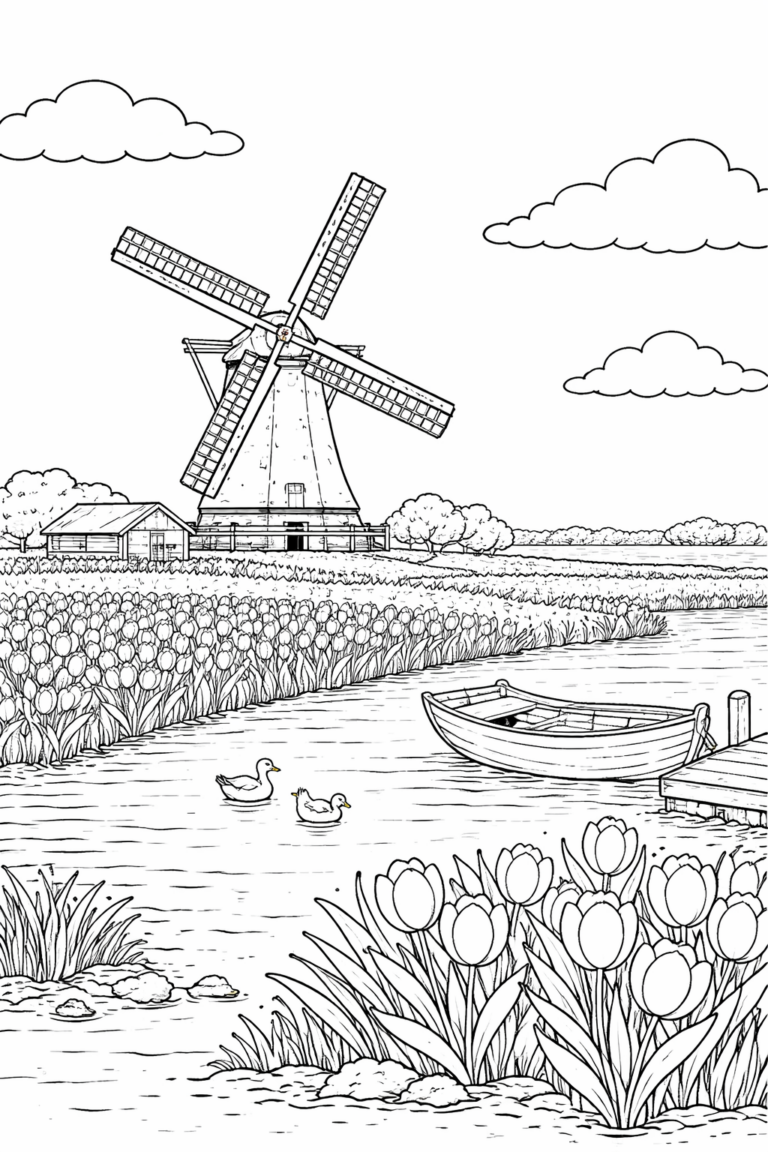 Coloring page of a serene landscape featuring a traditional windmill, blooming tulip fields, and a peaceful river, perfect for children to explore their creativity and learn about nature.