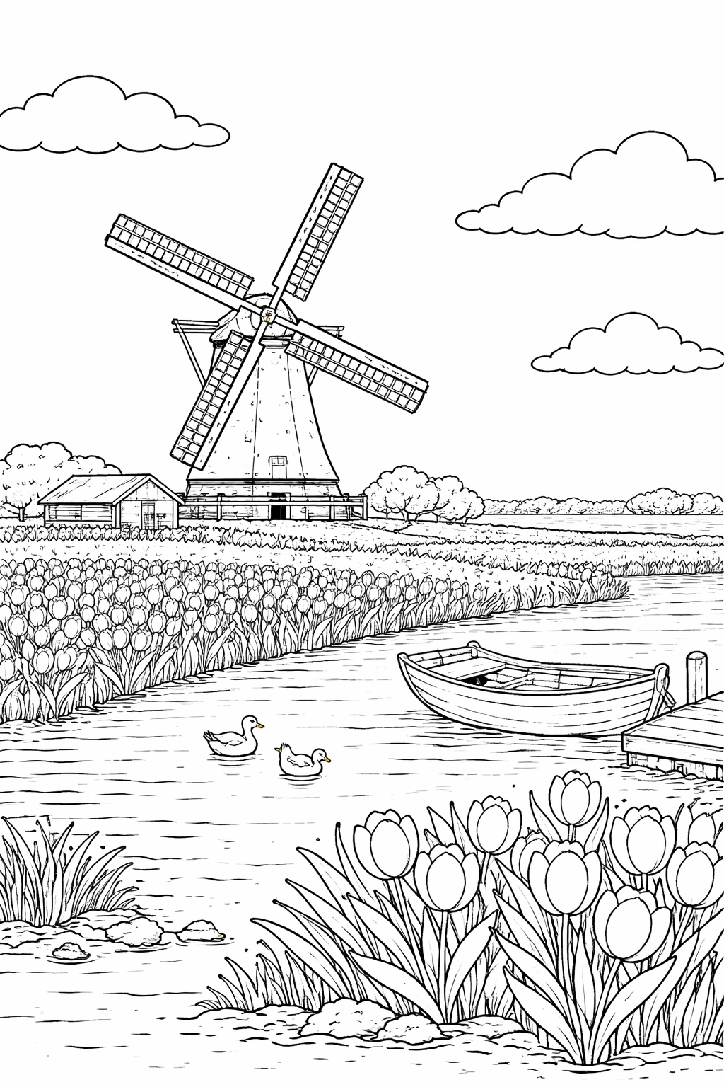 Coloring page of a serene landscape featuring a traditional windmill, blooming tulip fields, and a peaceful river, perfect for children to explore their creativity and learn about nature.
