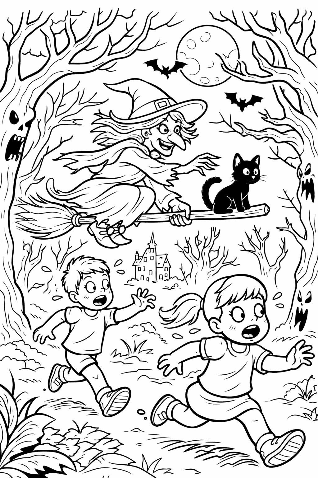 Witch flies on a broomstick with a black cat, while two children run through a spooky forest. Bats flit around under the full moon, creating an enchanting and mysterious scene for coloring.