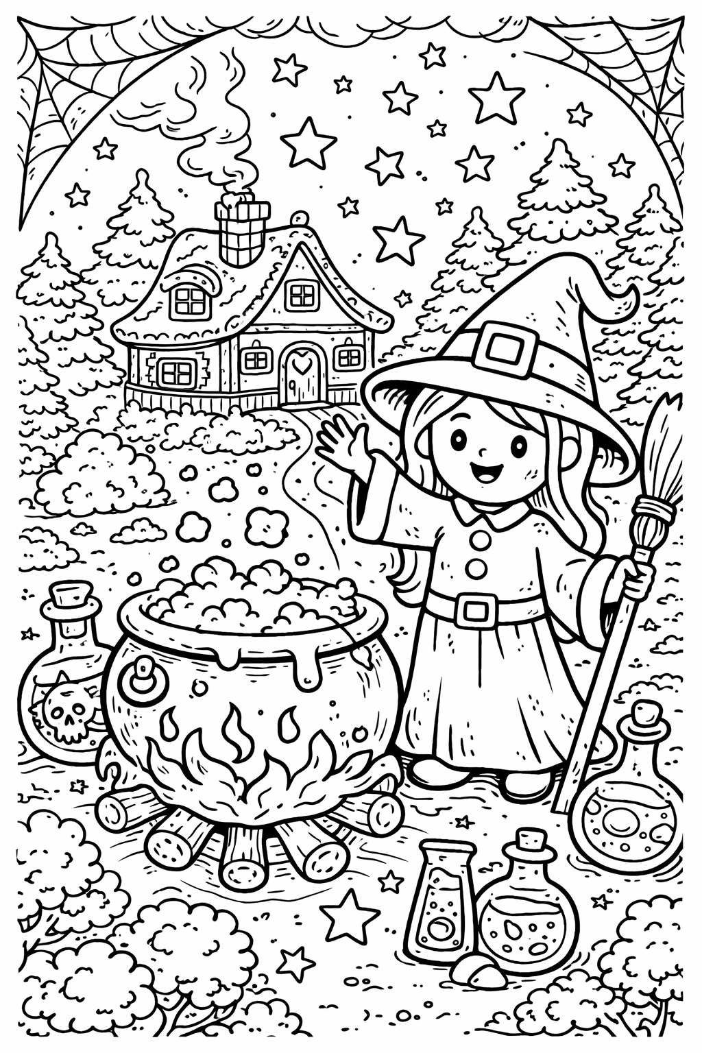 This enchanting coloring page shows a friendly witch with her bubbling cauldron, a cozy house, and stars in the night sky, perfect for children to add vibrant colors.