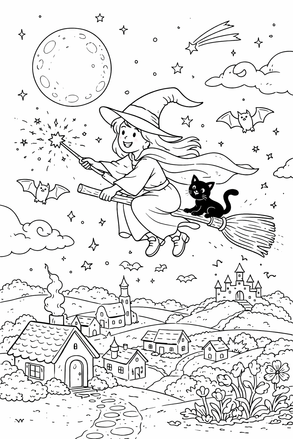 A delightful coloring page of a witch flying on a broomstick with her cat, soaring over a village under a starry sky with a full moon and bats.