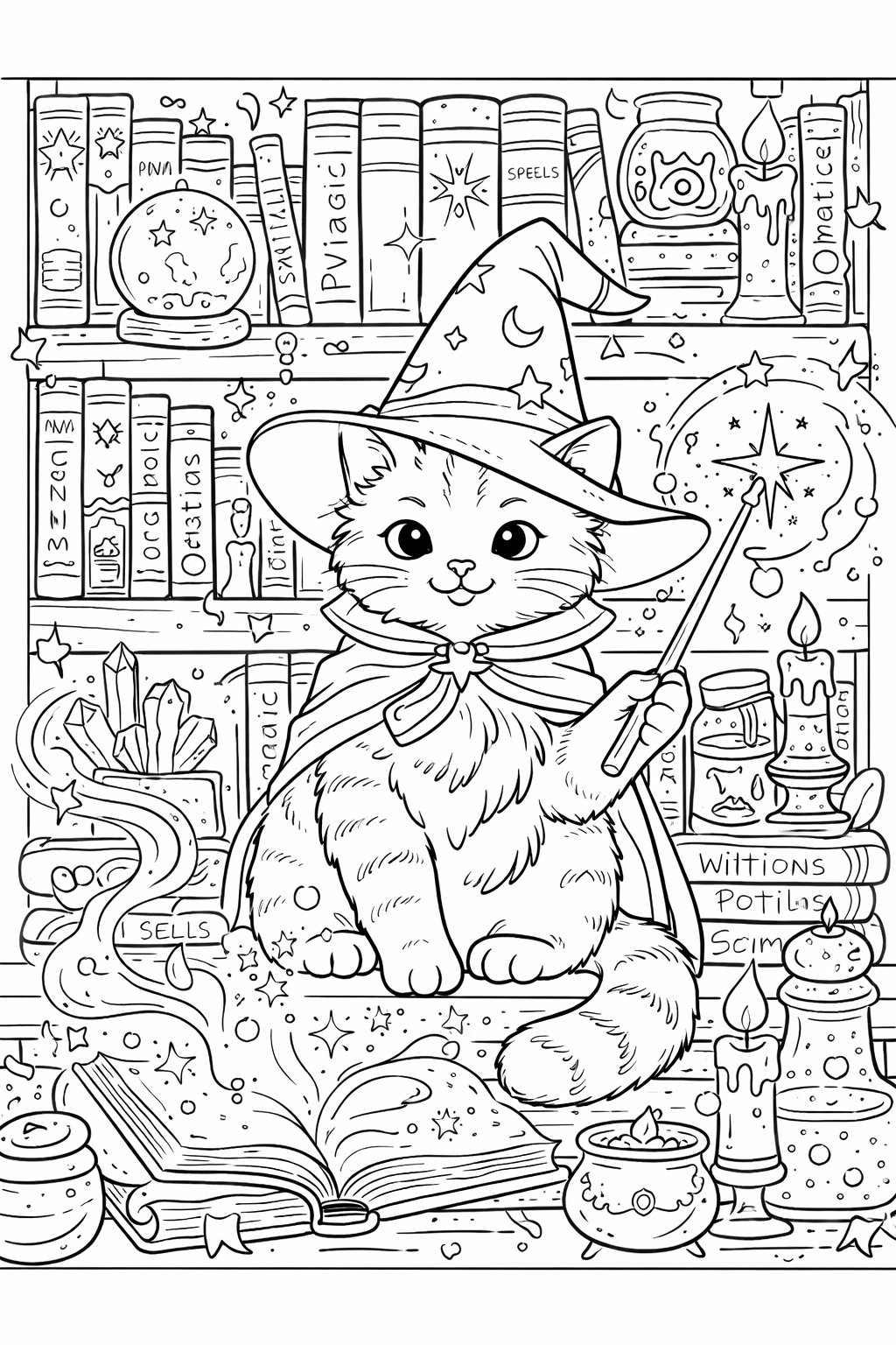 A delightful coloring page showing a cat as a wizard with a wand and spellbook. The enchanting scene includes candles and magical objects perfect for kids to color.