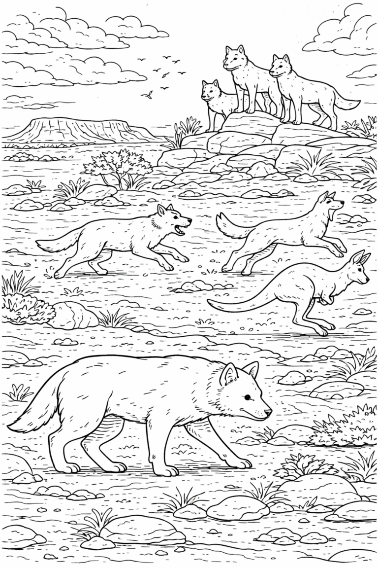 Coloring page featuring a wolf pack in a natural setting with rocky terrain and a scenic backdrop of hills and clouds.