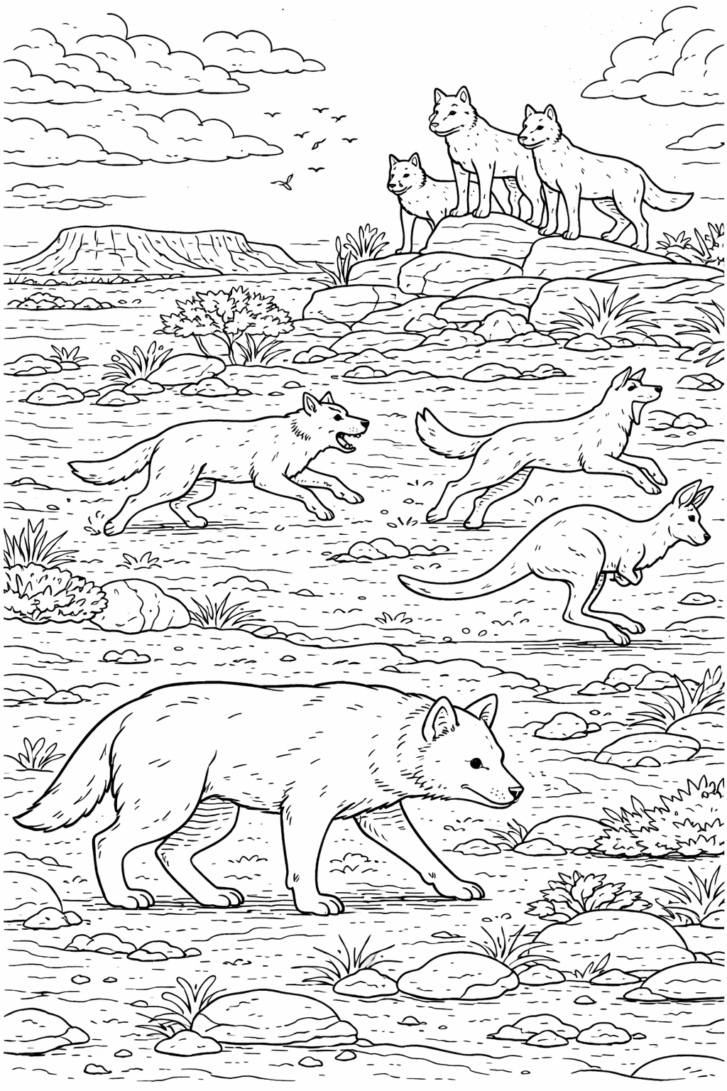 Coloring page featuring a wolf pack in a natural setting with rocky terrain and a scenic backdrop of hills and clouds.