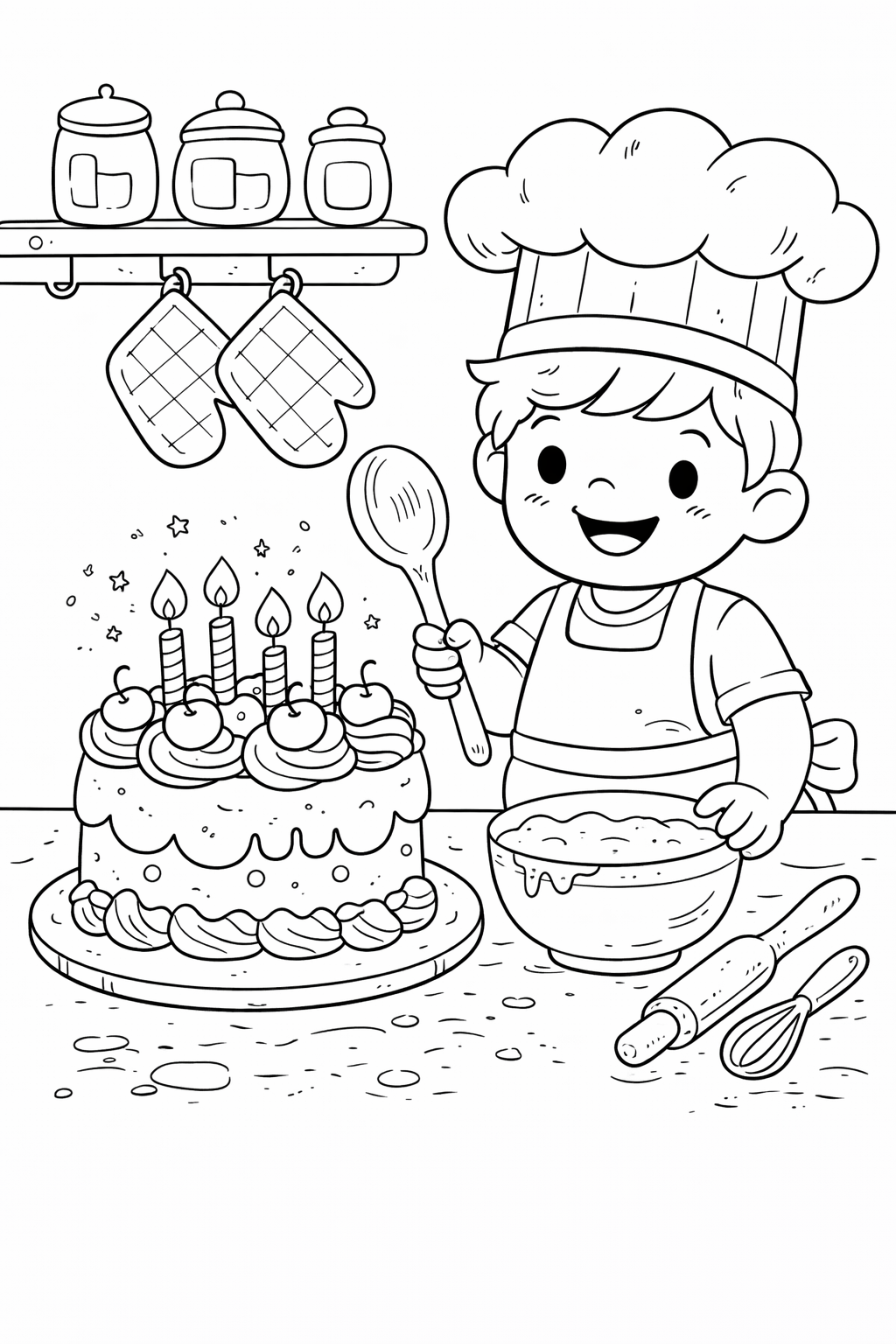 A young pastry chef in a kitchen setting, wearing a chef hat and apron while holding a spoon. A beautiful cake with candles is on the table, along with baking tools, creating a fun coloring activity.