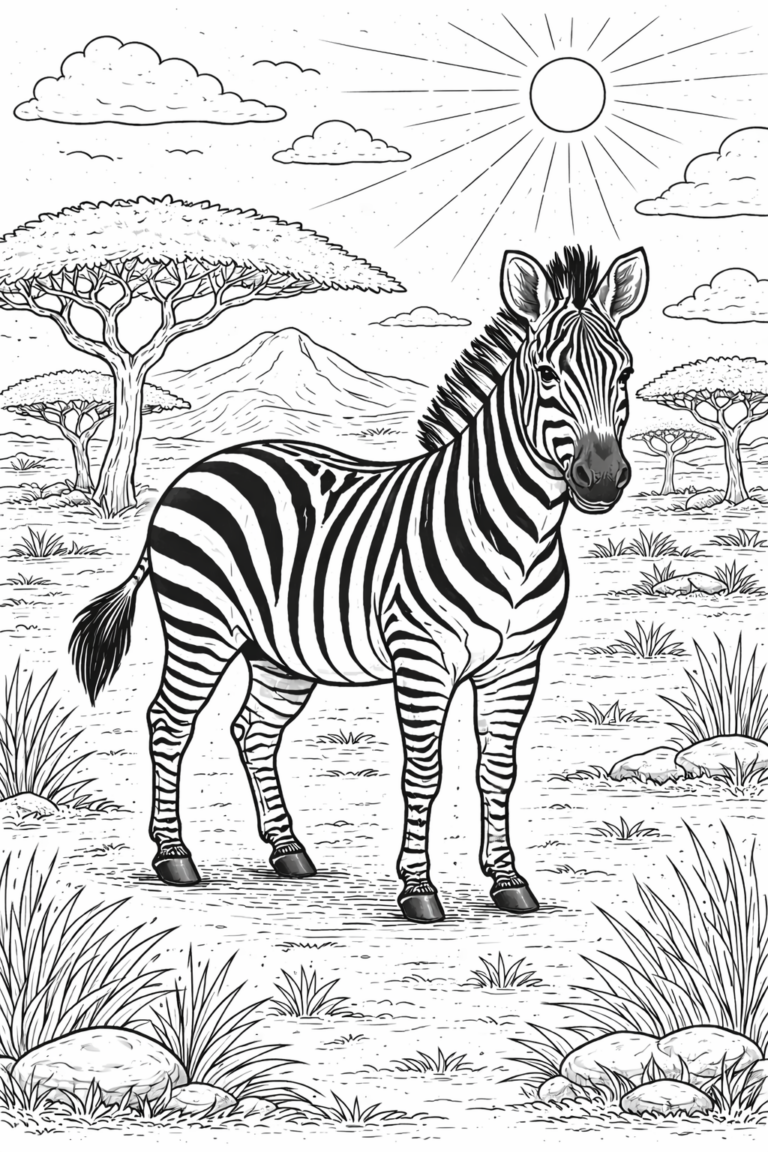 A zebra in a peaceful savanna setting with acacia trees, grass, and a bright sun. Ideal for kids to explore African wildlife through coloring.