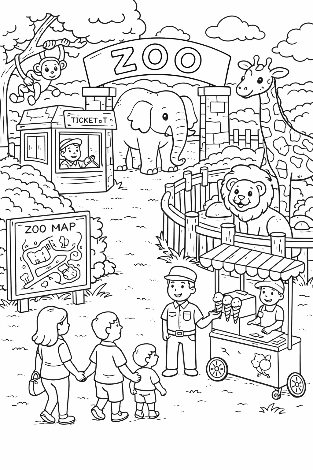 A zoo scene with an elephant, giraffe, and monkey. A family is at the entrance. A ticket booth and an ice cream stand are included. This interactive coloring page offers a vibrant way to explore a zoo setting.