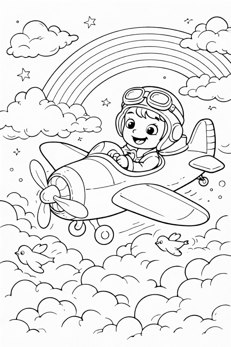 A child piloting an airplane surrounded by clouds and a rainbow. Birds fly alongside, adding to the adventure feel of the sky scene. Perfect for children eager to color and explore.