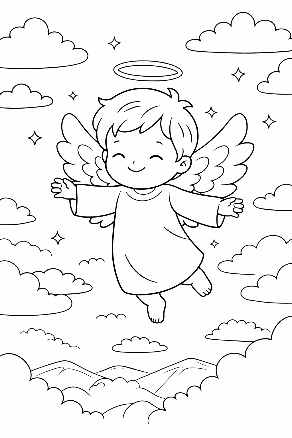 A joyful angel child with halo and wings flies amidst hills and clouds. The scene captures a serene and playful mood perfect for kids to color.