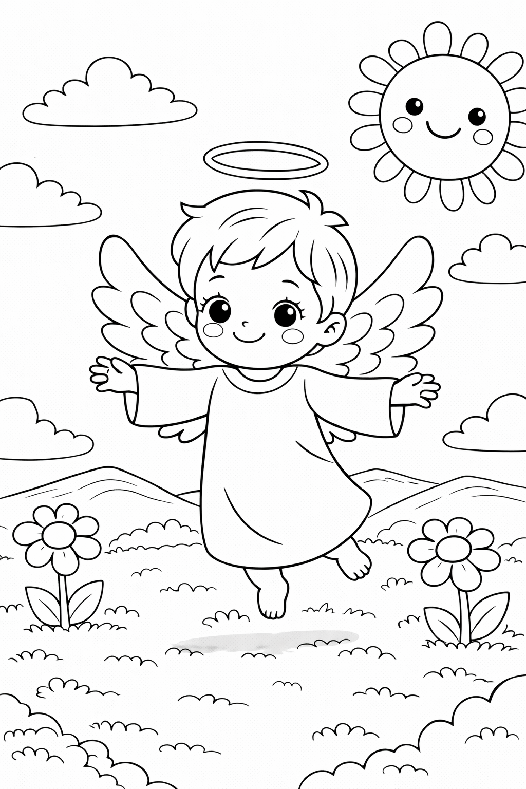 A coloring page depicting a smiling angel floating over a meadow with flowers, a cheerful sun, and fluffy clouds. Perfect for kids to color and enjoy.