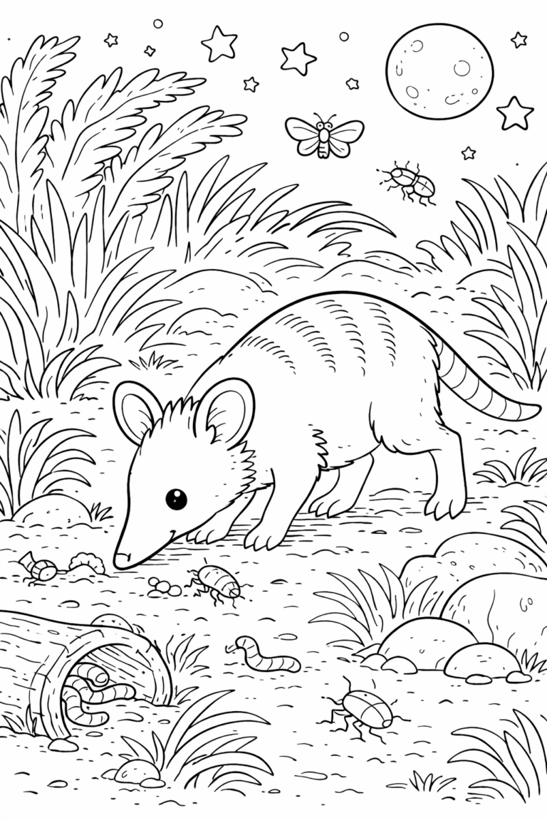 Coloring page showing an opossum in a forest setting with various insects around. It is night, with stars and a moon visible. Children can color the opossum, grass, and additional elements in the scene.