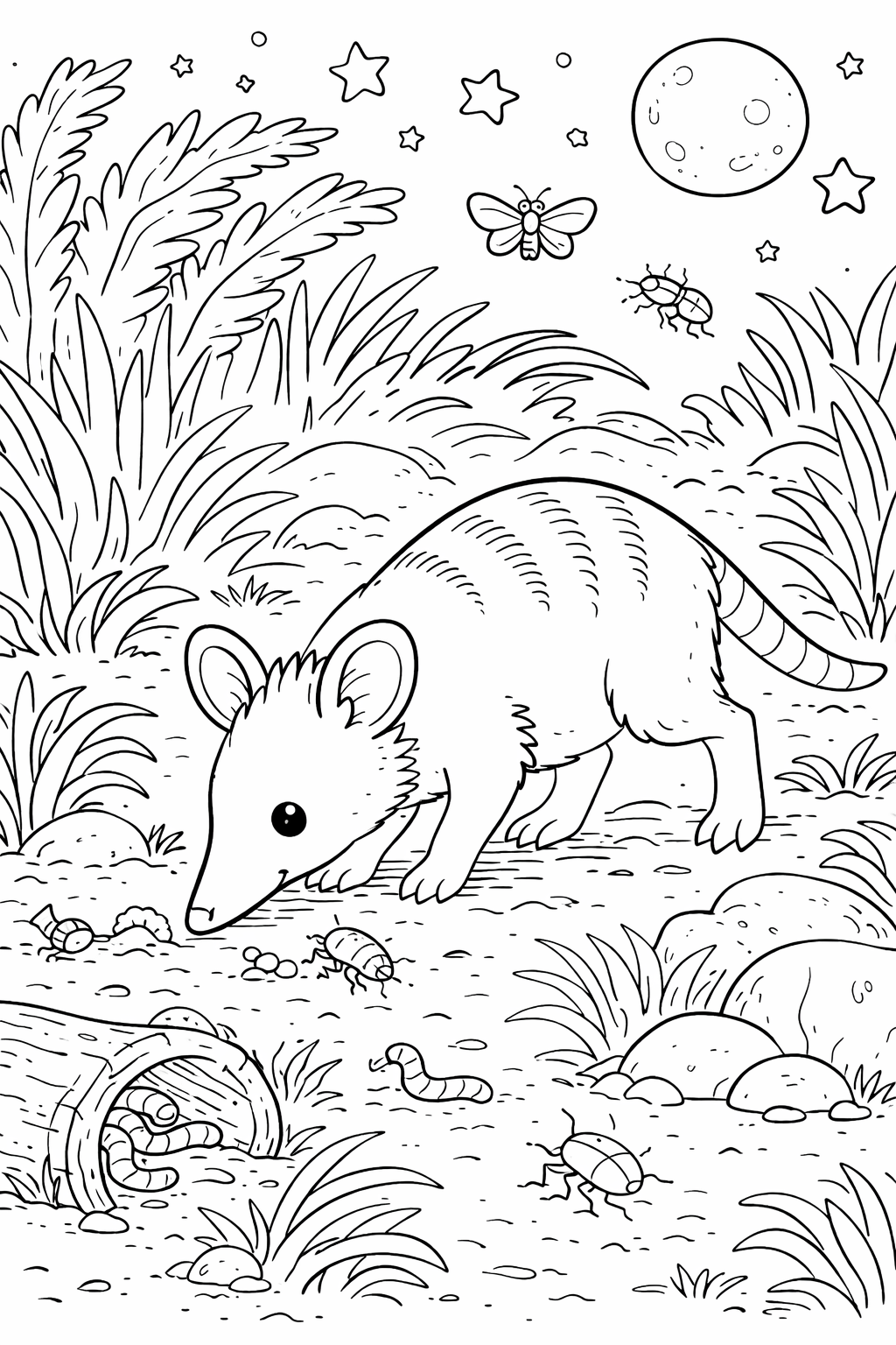 Coloring page showing an opossum in a forest setting with various insects around. It is night, with stars and a moon visible. Children can color the opossum, grass, and additional elements in the scene.