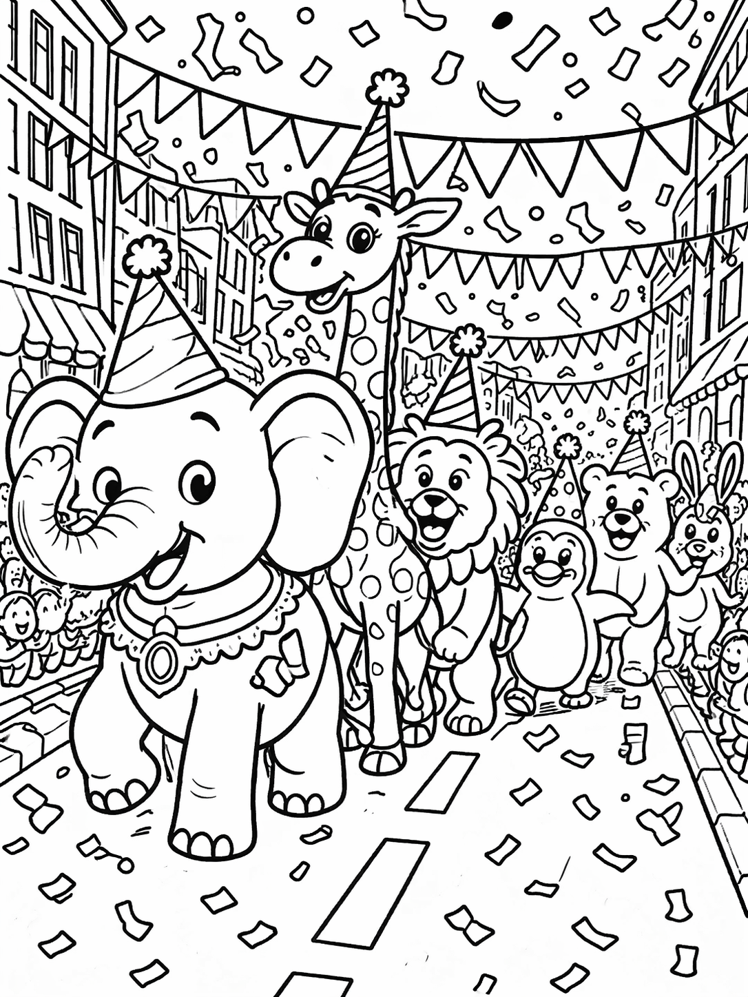 A coloring page of an animal parade with an elephant, giraffe, lion, and more in party hats, marching through a street with confetti and cheering crowds.