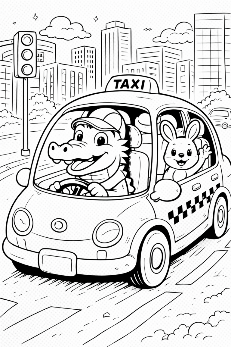 A lively coloring page showing a cartoon animal driving a taxi through a city. The setting includes buildings, a traffic light, and another animal passenger, creating an exciting scene for children to color.