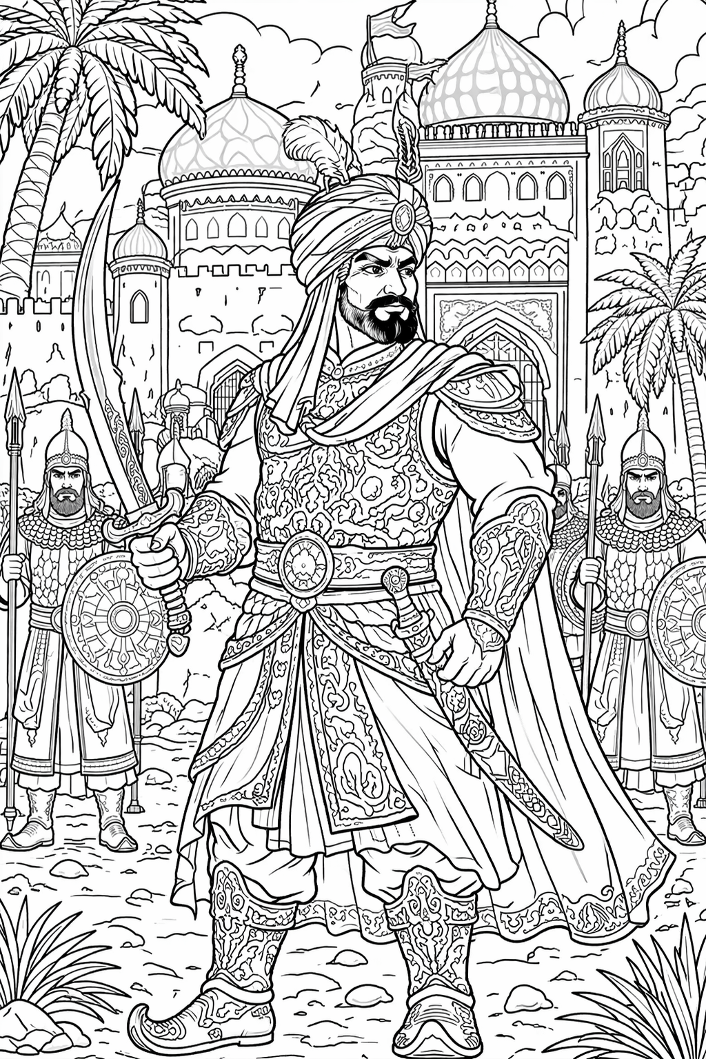 An intricate coloring page showcasing an Arabian warrior in ornate armor holding a sword. He stands before a grand architectural backdrop, complete with palm trees, providing a rich historical and cultural coloring experience for children.
