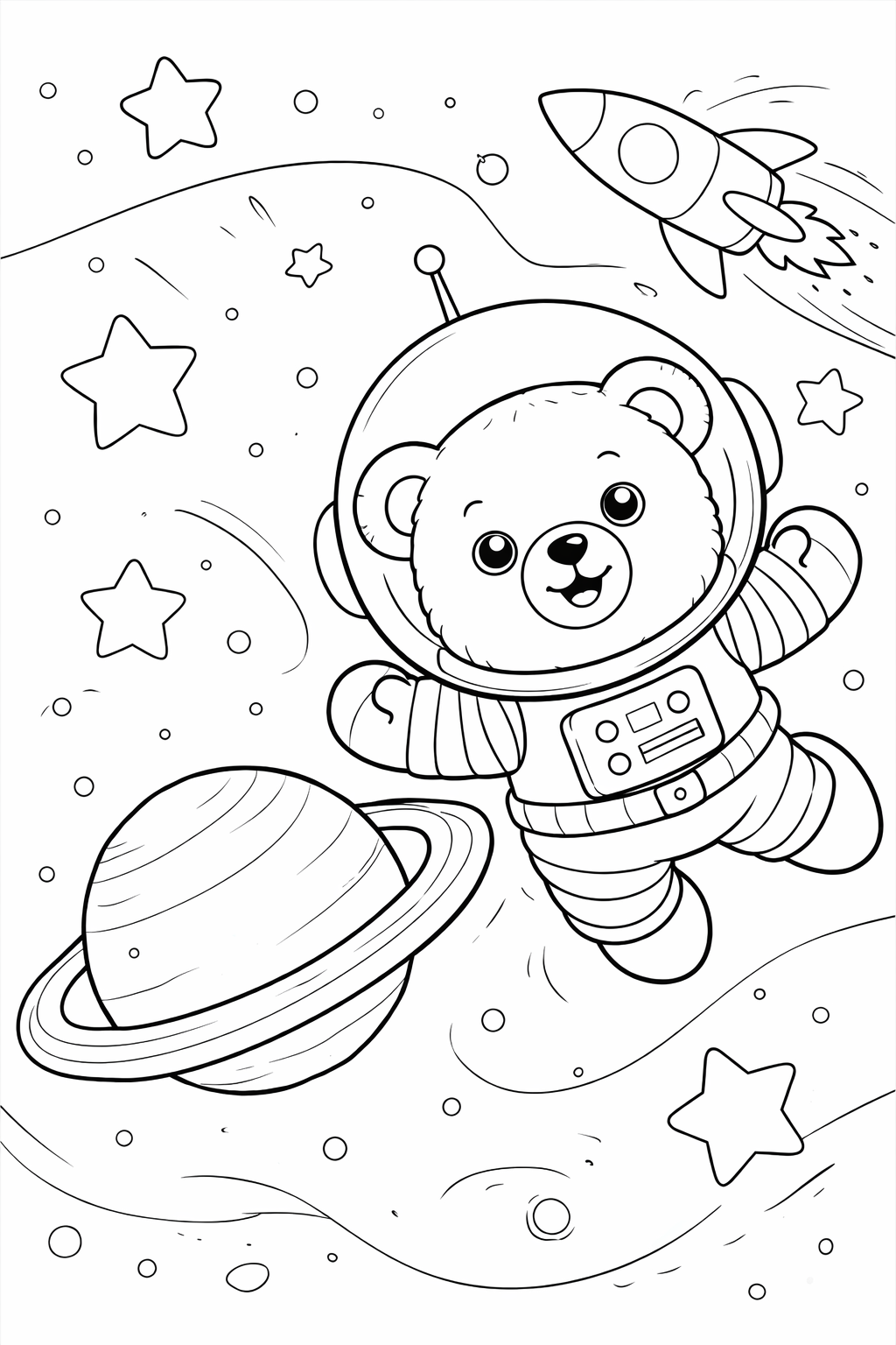 A cute teddy bear in an astronaut suit floating in space with stars, planets, and a rocket. Perfect for a children's fantasy coloring activity.
