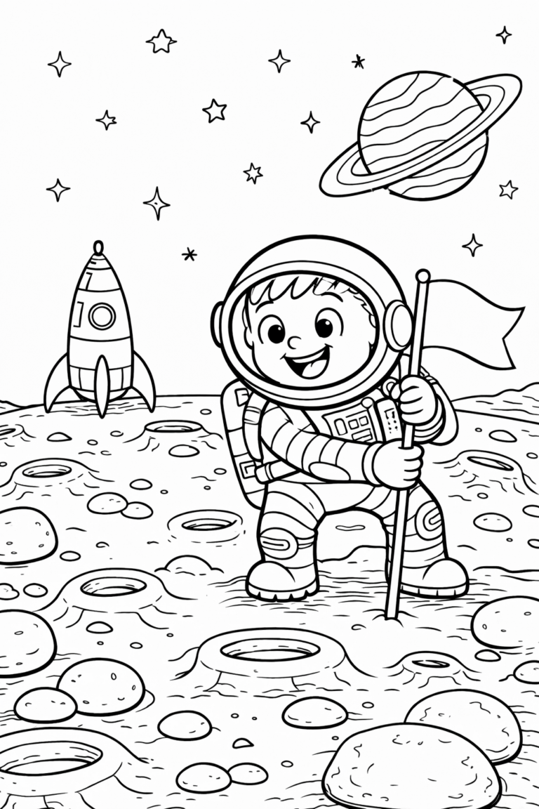 An exciting astronaut coloring page featuring a young space explorer planting a flag on a lunar surface. The page includes a rocket ship in the background, with stars and a planet adding to the cosmic theme. Perfect for kids to color and enjoy.