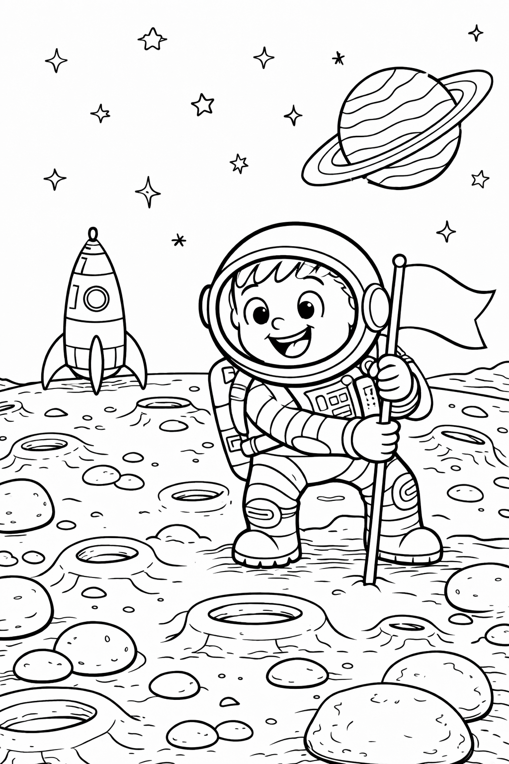 An exciting astronaut coloring page featuring a young space explorer planting a flag on a lunar surface. The page includes a rocket ship in the background, with stars and a planet adding to the cosmic theme. Perfect for kids to color and enjoy.