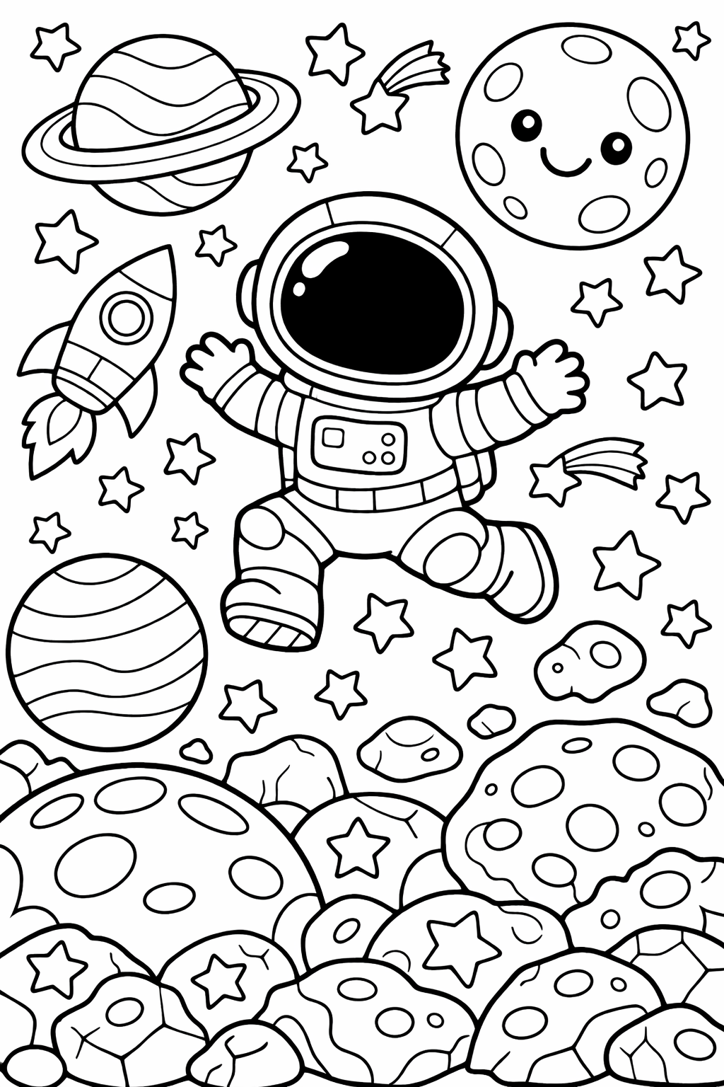 A children's coloring page showing an astronaut in space with a smiling moon, rocket, stars, and planets, encouraging creativity and imagination through a fun, intergalactic scene.