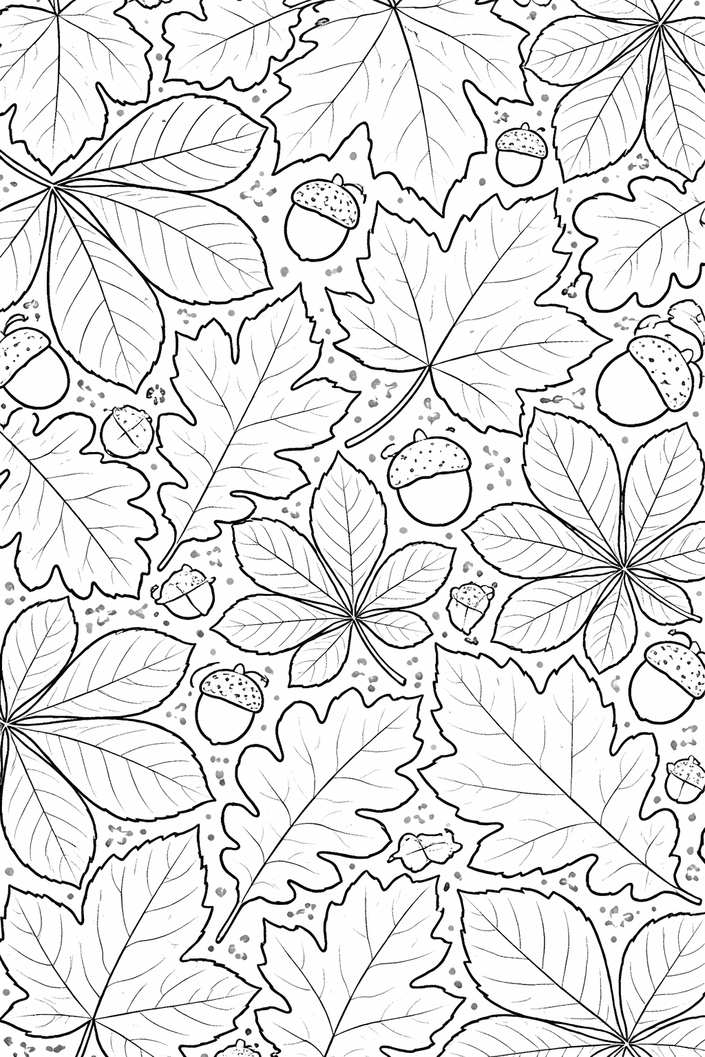 A coloring page featuring detailed autumn leaves and acorns, ideal for children to explore creativity with a variety of colors. This page provides a fun and engaging coloring experience.