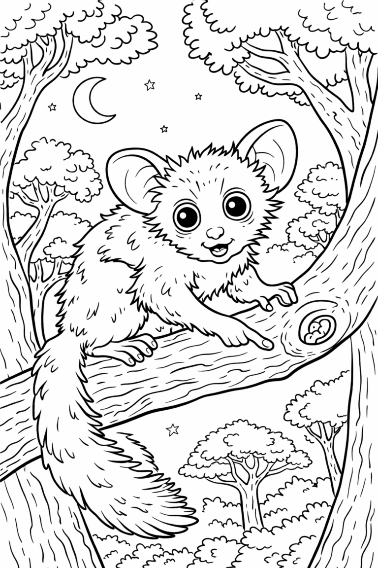 A cute aye-aye sits on a tree branch in a nighttime forest setting, with stars and a crescent moon in the sky, and detailed trees in the background, offering a fun and creative coloring experience for children.