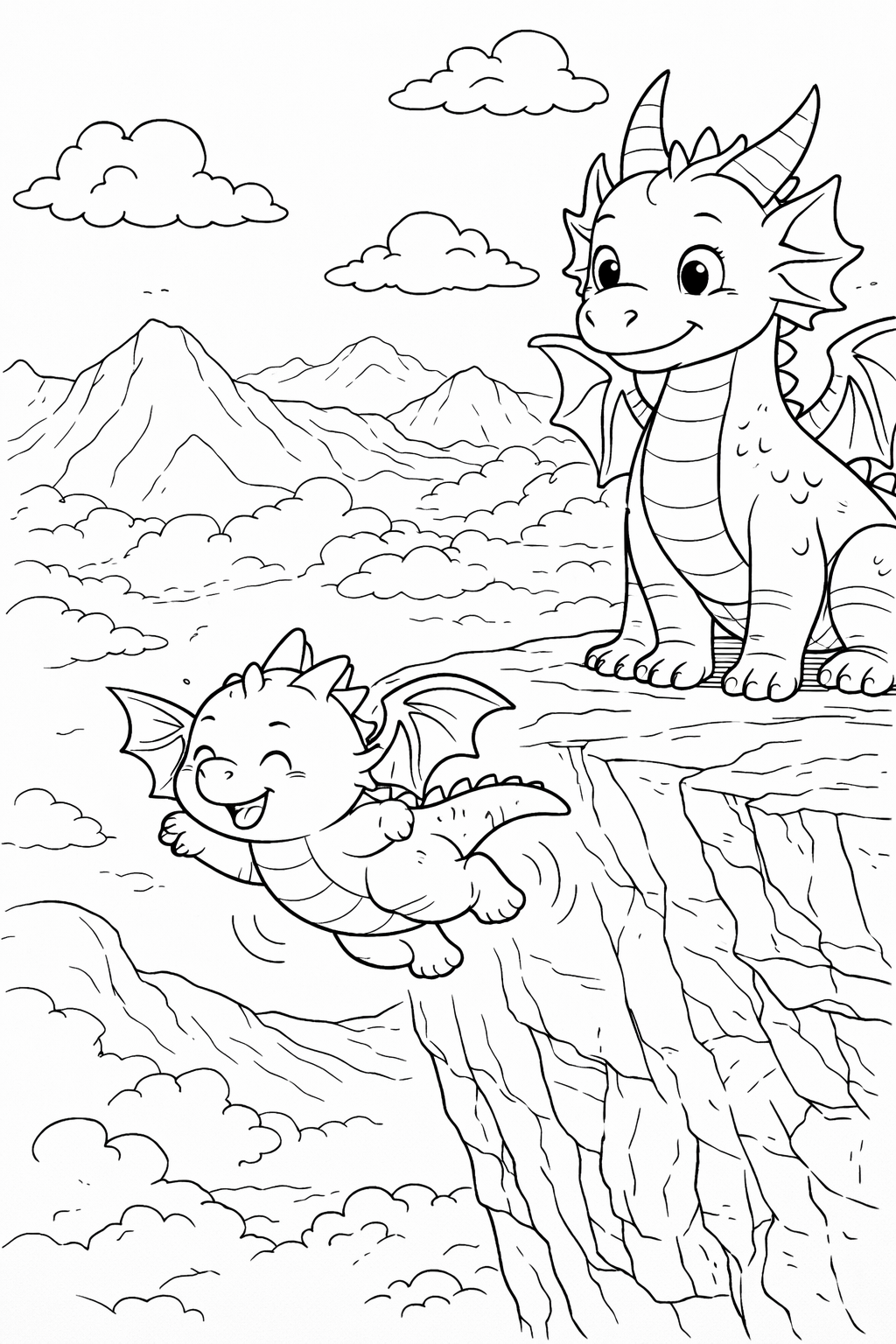 Two adorable baby dragons on a cliff, surrounded by clouds and mountains, inspiring a whimsical coloring activity for children.