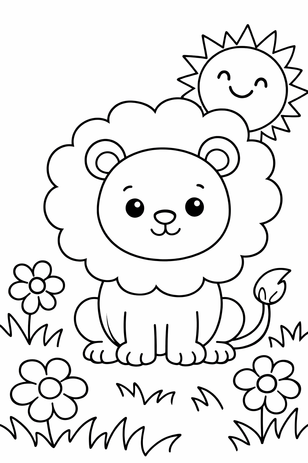 A cute baby lion smiles under a happy sun, surrounded by flowers. Ideal for kids to enjoy a delightful coloring experience, fostering creativity and fun.