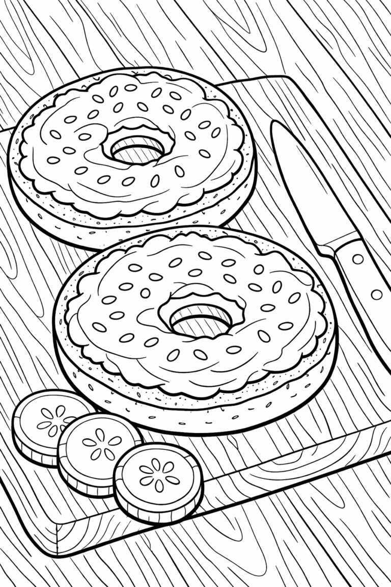 A coloring page for children with a bagel covered in cream cheese and cucumber slices, offering an engaging and fun activity for kids to enhance their creativity.