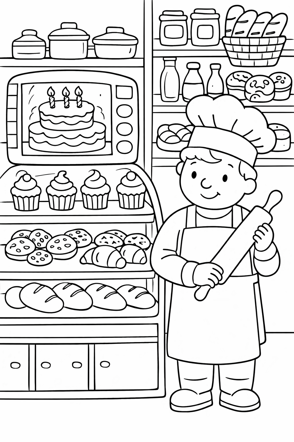 A cheerful baker with a rolling pin stands in a bakery, surrounded by cakes, pastries, and bread. A cake with candles is in the oven, ready to be colored by children.