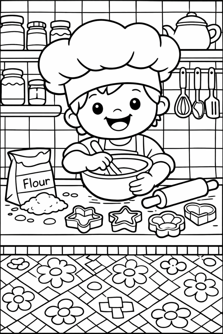 A fun coloring page depicting a happy young boy dressed as a chef, mixing ingredients in a bowl surrounded by baking utensils and cookie cutters. The background features kitchen shelves and a tiled wall.