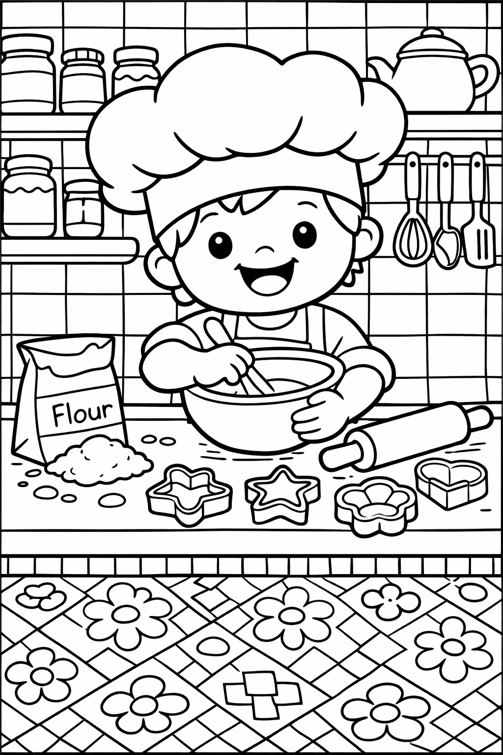 A fun coloring page depicting a happy young boy dressed as a chef, mixing ingredients in a bowl surrounded by baking utensils and cookie cutters. The background features kitchen shelves and a tiled wall.