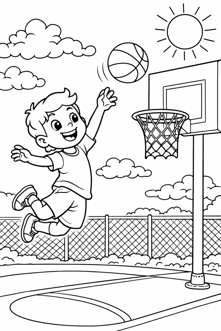A joyful child jumps to dunk a basketball. The scene is set outdoors with a clear sky, surrounded by clouds and a fence, providing a lively background for coloring.
