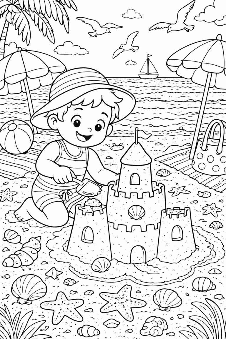 A coloring page showing a smiling child wearing a hat, building a sandcastle on the beach. The ocean waves, sailboat, and birds add a lively background to the scene. Beach umbrellas and seashells complete the summer picture.